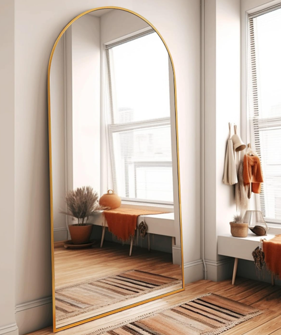 Arched Full Length Mirror with Stand, Large Floor Mirror, Gold Framed Body Mirror for Bedroom, Wall Mounted or Leaning Home Decor Mirror